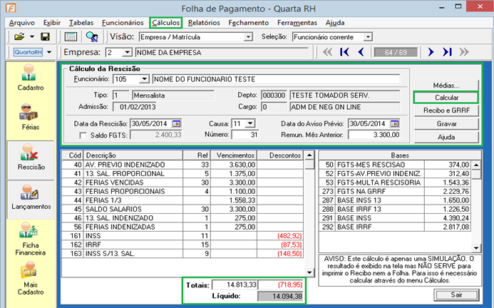 Menu 'Clculos | Resciso'