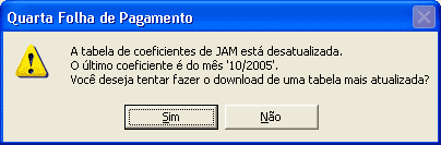 Tela de aviso de que o ndice de JAM est desatualizado