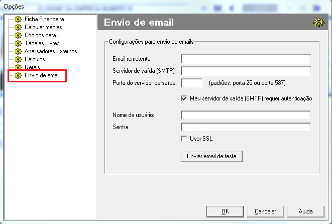 Menu 'Ferramentas | Opes | Envio de email'