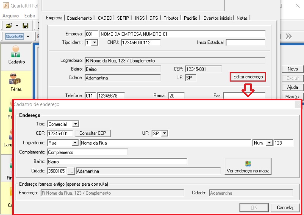 Folha | Tabelas | Empresas | Empresa | Editar Endereco