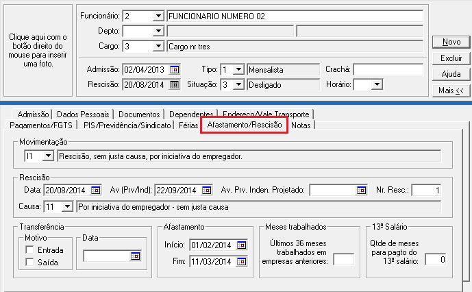 Menu 'Funcionrios | Mais Cadastro | Afastamento_Resciso'