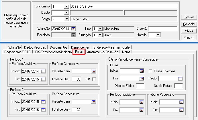 Menu 'Funcionrios | Mais Cadastro | Frias'